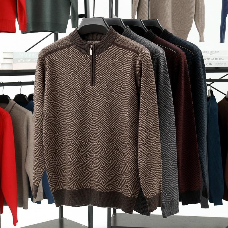 Men'S Autumn And Winter Half Turtleneck Knitted Sweater Half Zipper Middle-Aged And Elderly Bottoming Shirt Loose Light Luxury Casual Line Top