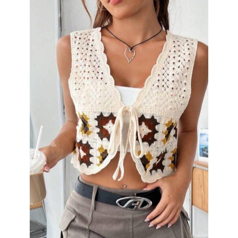 European and American Amazon Summer New V Neck Crocheted Cut Out Lace-up Short Crop Top Vest Top Vest Easiest for Match