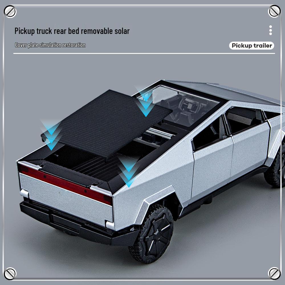 1:32 Tesla Pickup Truck Toy with Caravan: Alloy Pull-back Model with Sound, Light, and Opening Doors
