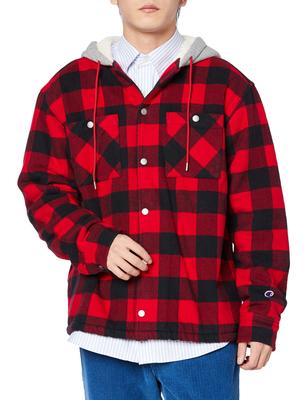 Uzun Kollu Kapüşonlu Gömlek Dış Giyim Ceket Flanel Ekose Desenli Boa Polar Astarlı Yazı Logosu Nakışlı Kırmızı XL C3-S609 Erkek