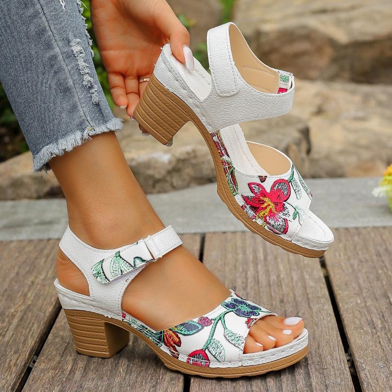 One-word sandals large size summer thick heel one-word belt fashion European and American high heel Velcro sandals women