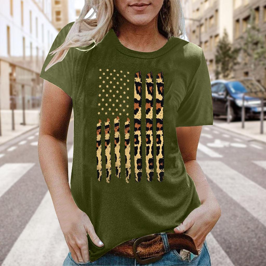 Real Shot Amazon Independence Station Cross-border European, American Independence Day Printed Short Sleeve Top Women's Summer Outer Bottom Shirt