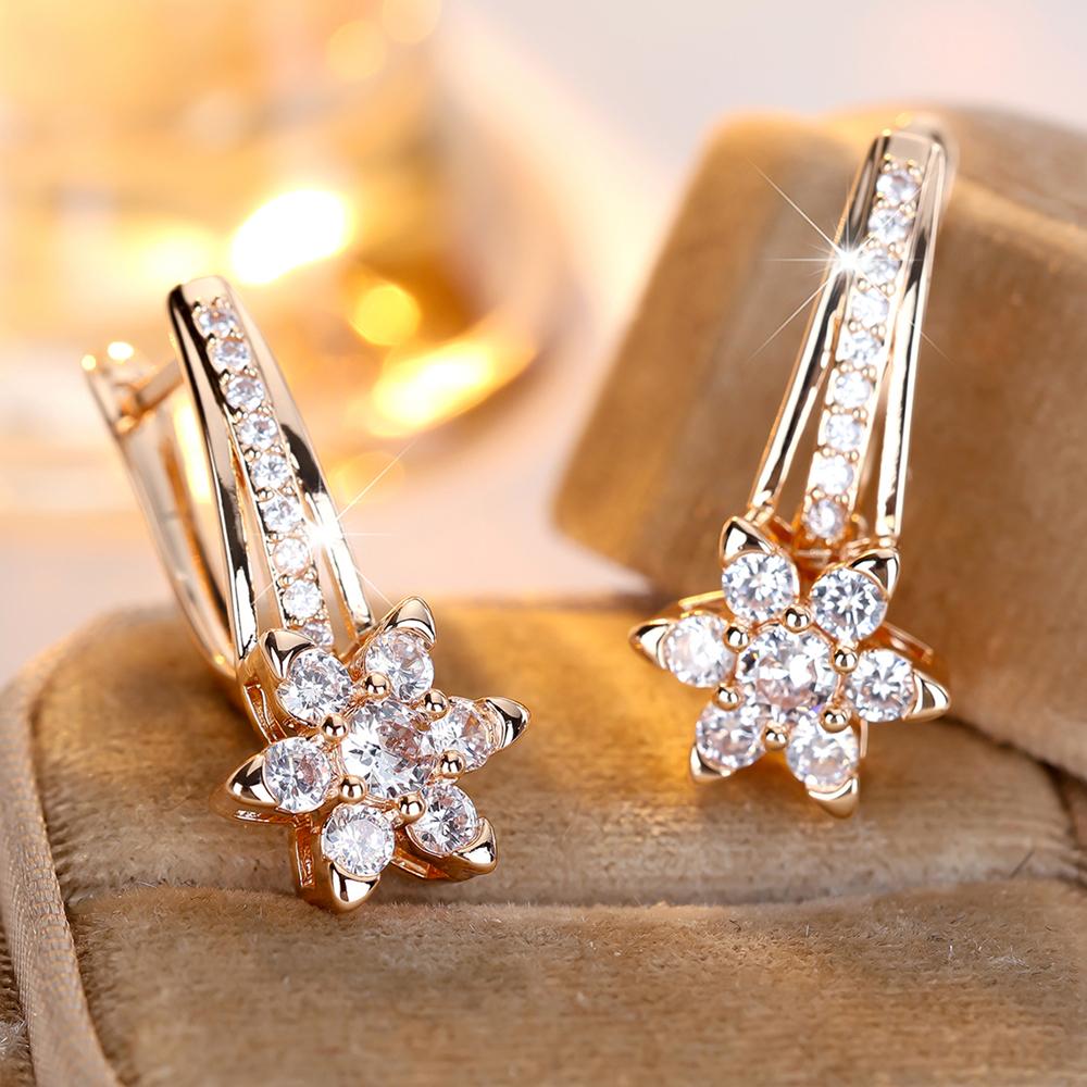 Sparkling White Zircon Star Flower Drop Earrings for Women Golden Wedding Party Jewelry Gifts