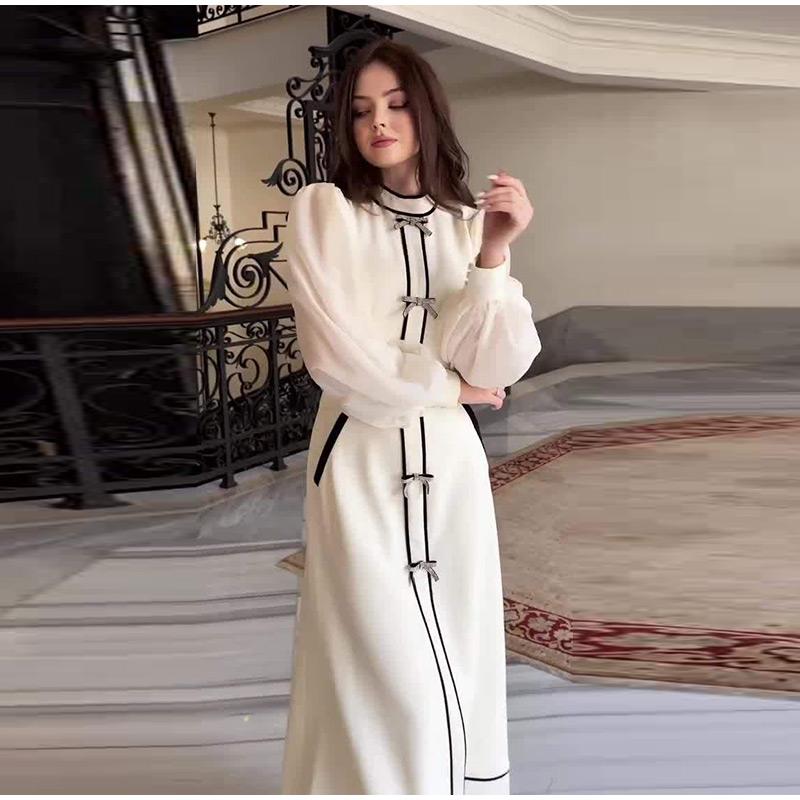 Ladies' Contrasting Round Neck Bow Decoration Long Dress with Slim Fit Temperament Spring and Summer New Women's Elegantlong Sleeved Dresses