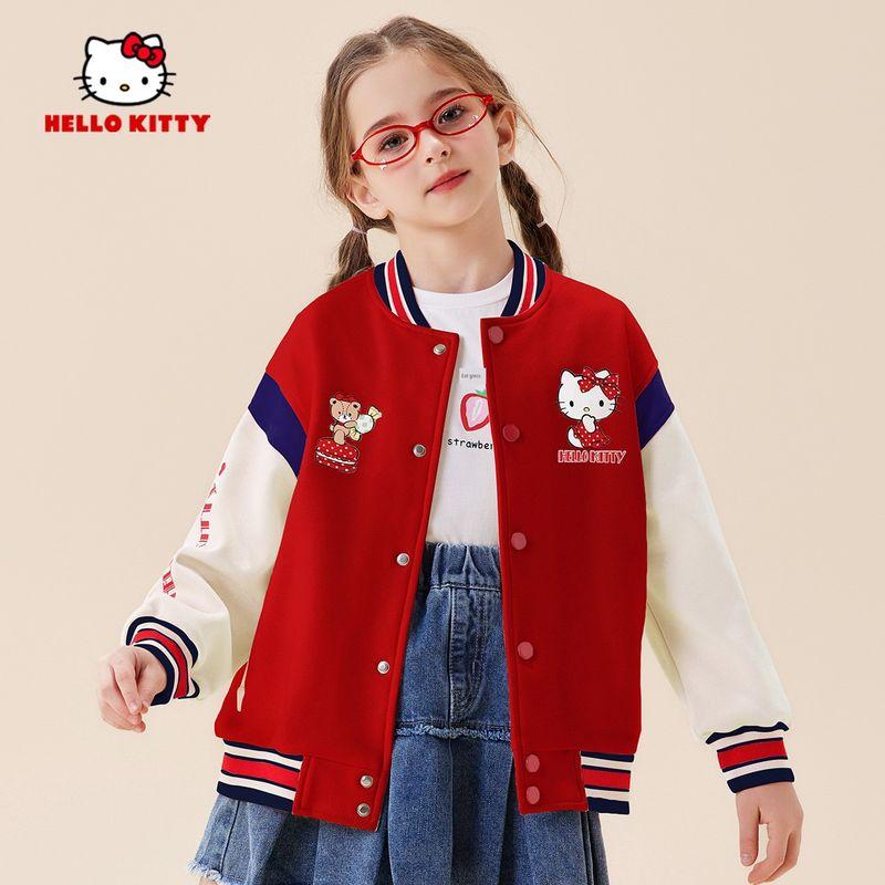 Hello Kitty Girls' Baseball Jacket Red Autumn Top Cardigan Sweatshirt Children's Autumn Clothing Big Kids Trendy