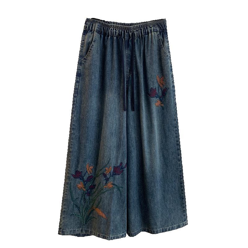 DIMANAF 2026 Autumn Winter New Plus Size Women Jeans Elastic Waist Embroidery Floral Long Pants Loose Casual Denim Cotton Trousers Vintage