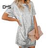 Women's Summer Sequin Midi Dress Casual Crew Neck Short Sleeve T-shirt Dress Sparkly Cocktail Party Dress
