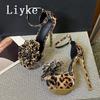 Fashion Liyke PVC Transparent Women Sexy Leopard Print Platform Sandal Fashion Big Flowers Open Toe Super High Heels Party Stripper Shoe