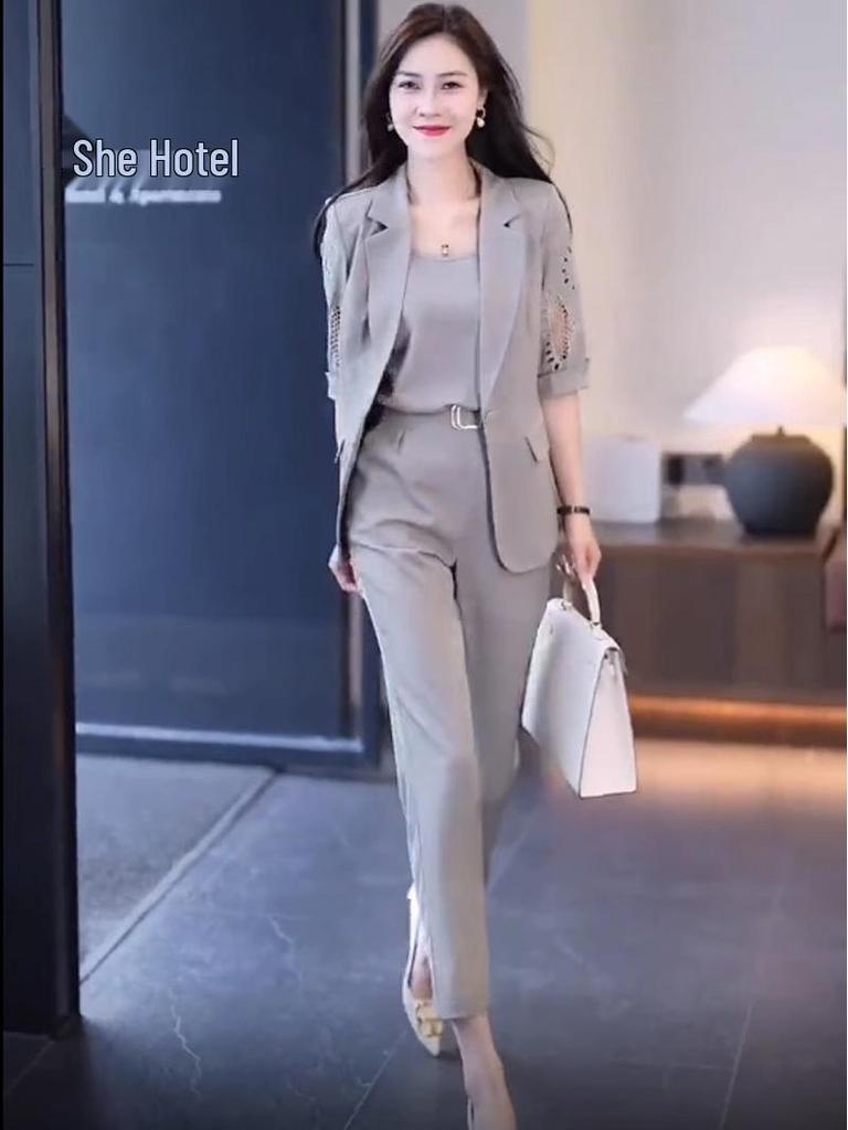 Women's 2025 New Fashion Professional Three-Piece Summer Slimming Suit with Harem Pants