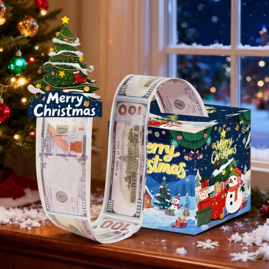 Christmas Money Box Pull-out Cash Gift Box DIY Holiday Money Gift Box with Transparent Bags Christmas Money Holder Pull Box for Kids Adults