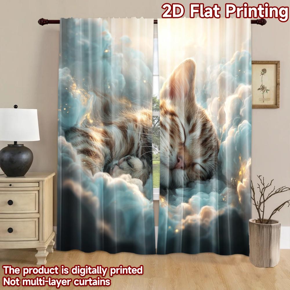 2D flat printing 2pcs Window Curtains Cute Cat Sleeping Peaceful Clouds Digital Printed Polyester Drapes Birthday Party Use for