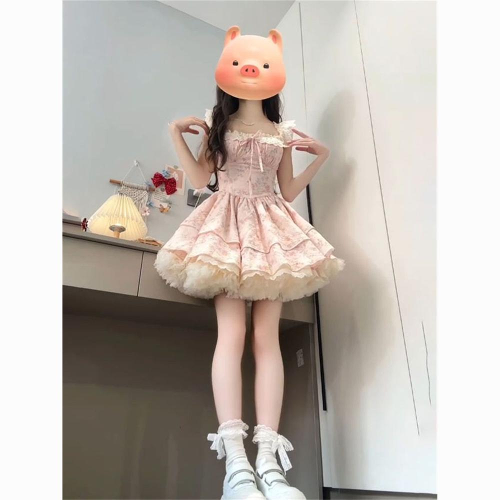 French girl floral dress women's summer sweet and cute small flying sleeves waist small cake puffy skirt