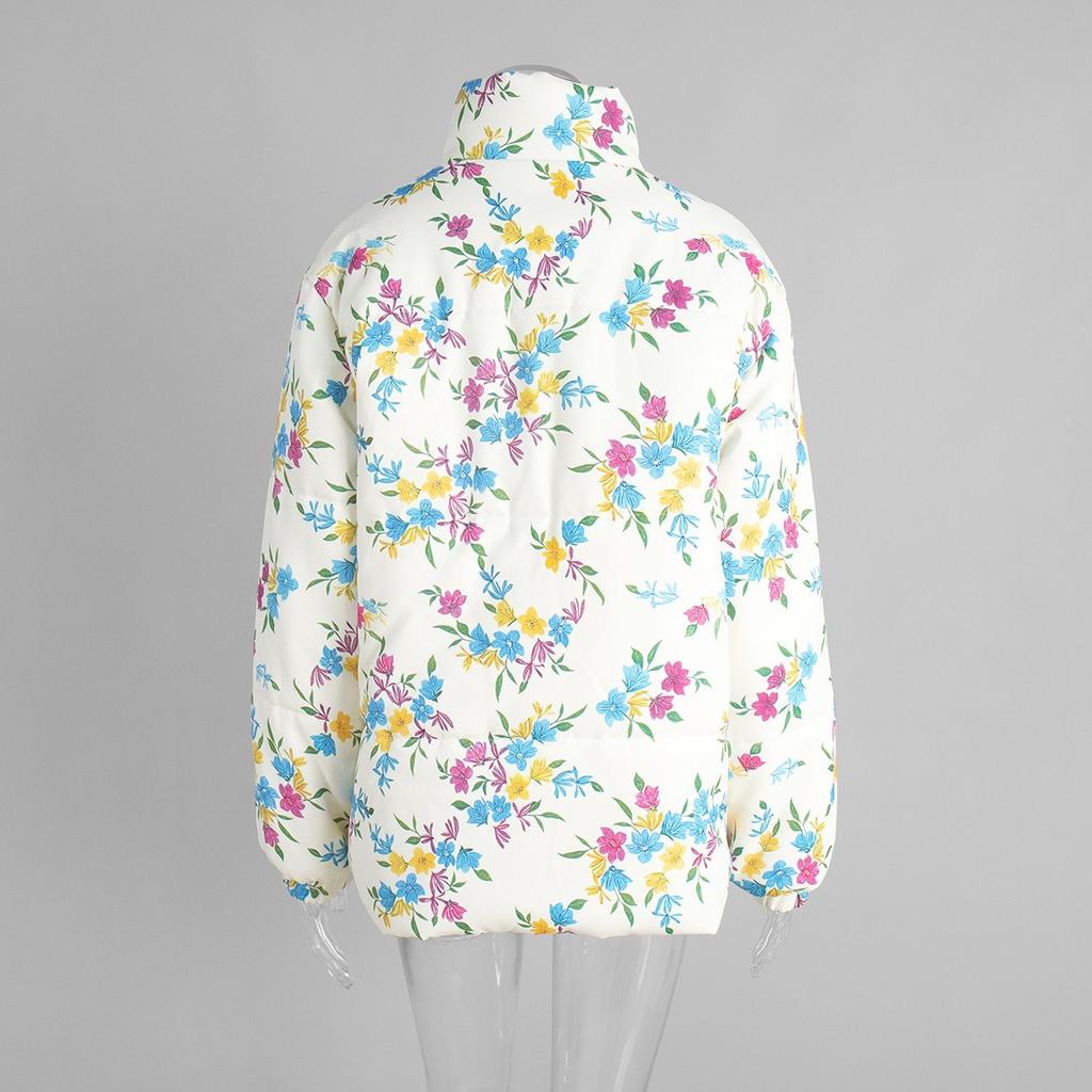 Fall Winter Women's Printed Cotton Padded Jacket, Stand Collar Zip Up Warm Puffer Coat For Outdoor Casual