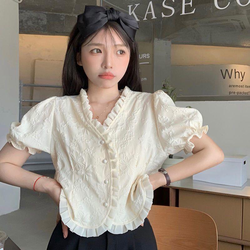 French Gentle V-neck Heavy Duty Shirt with A Unique Summer Temperament Chic Shirt with Short Bubble Sleeves Women's Top