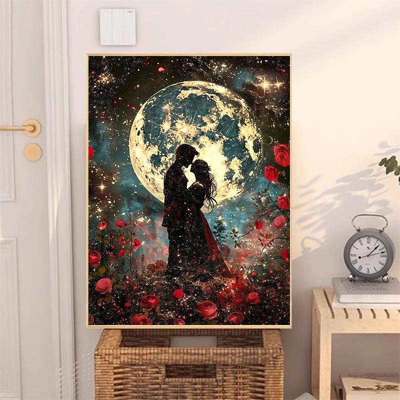 5d DIY Diamond Painting Cross Stitch Couple Silhouette Moon Scenery Diamond Embroidery Mosaic Full Round Drill Home Decor