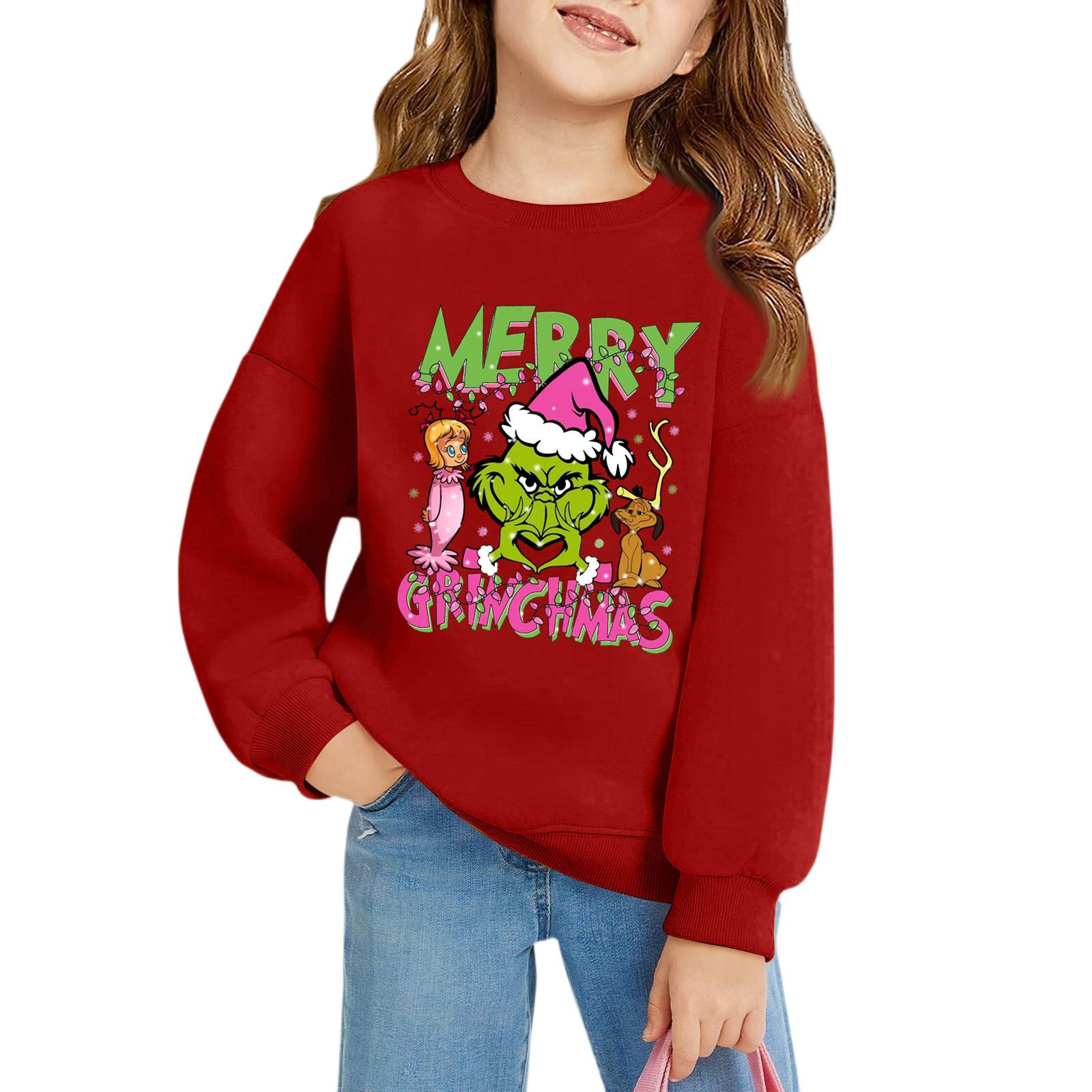 

Girls Pullover Sweatshirt Kids Crew Neck Long Sleeve Christmas Printed Top Casual Fit Children Winter Sweater 150 красный