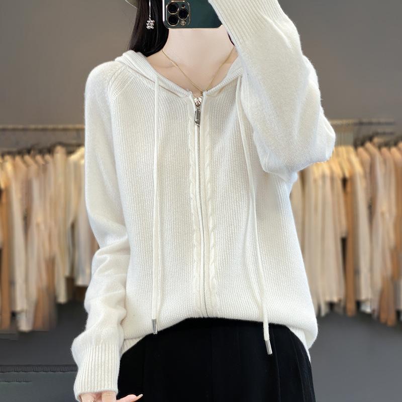 New Knitted Jacket Women's Premium 24 Autumn and Winter Fashion Versatile Hooded Zipper Sweater Cardigan
