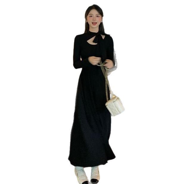 French new early spring lace-up temperament black skirt foreign style long dress good-looking and thin long-sleeved dress