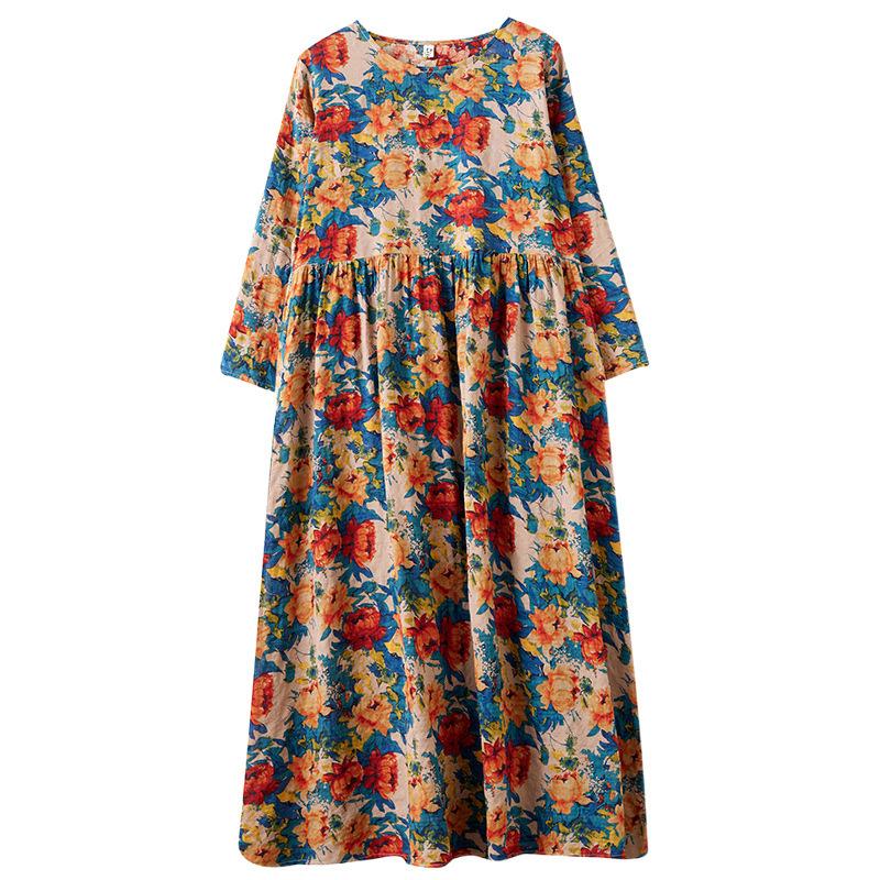Rochie de vară cu mâneci lungi, stil floral de vacanță, stil de călătorie, guler rotund, casual, retro, cu acoperire de carne, pentru femei