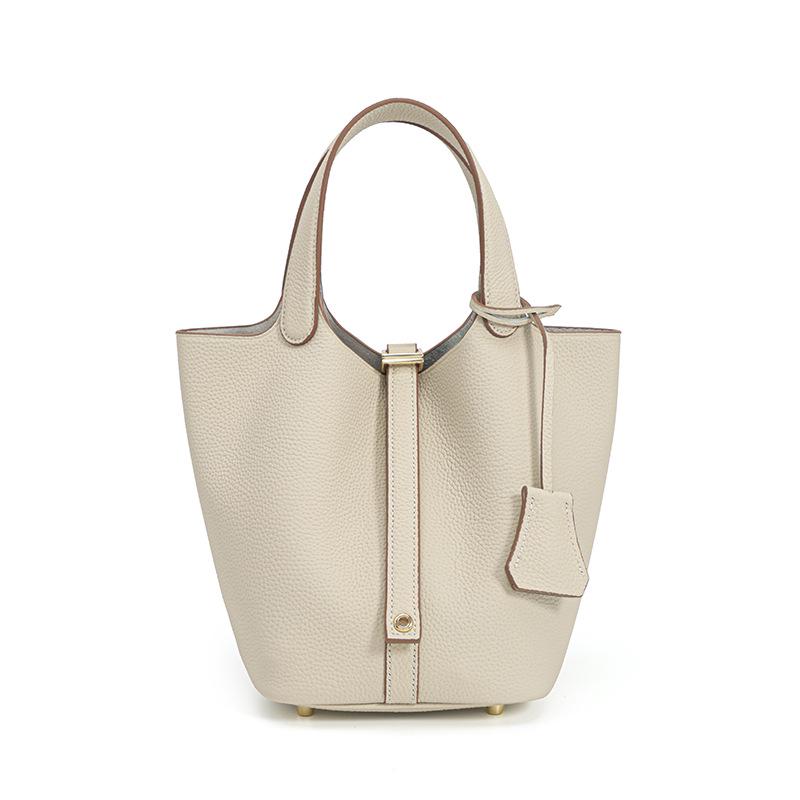 2025 Large Capacity Genuine Leather Commuter Handbag - Lychee Pattern Cowhide Bucket Bag