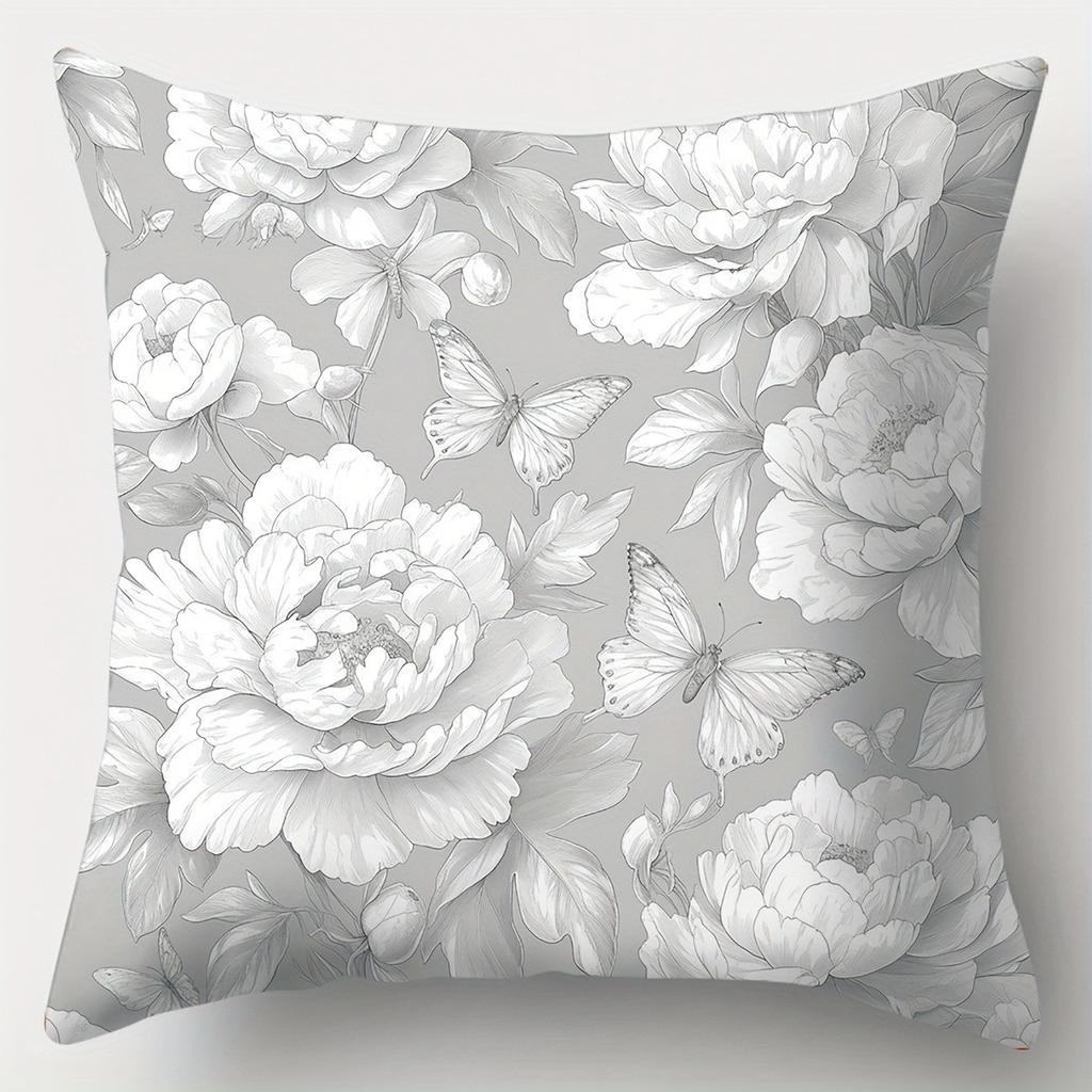 Peony  Butterfly Floral Pattern Pillowcase Pattern Cushion Cover Suitable For Sofa Bedroom Car Pillow Cover