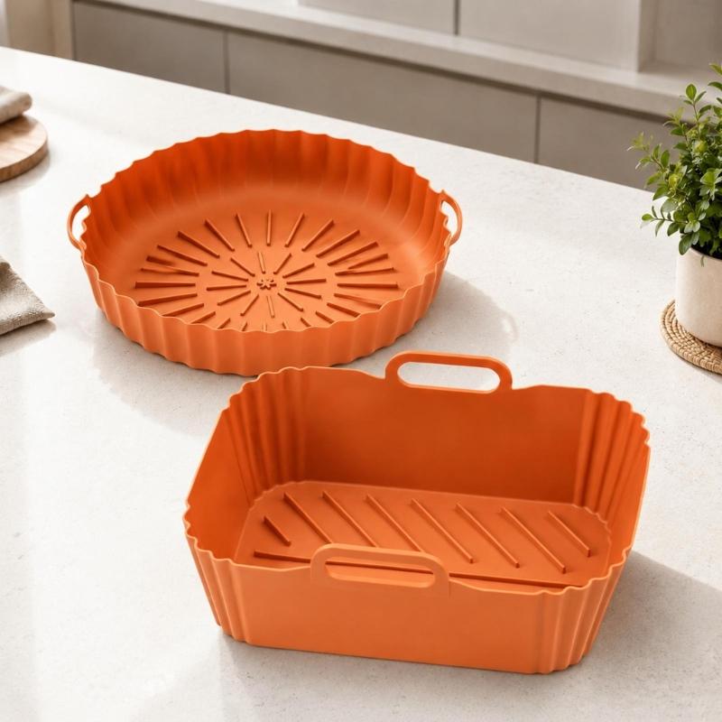 Round and Square Cooking Basket Trays in Reusable Silicone with Grip Handle Design and Crumb Collecting Base Pair