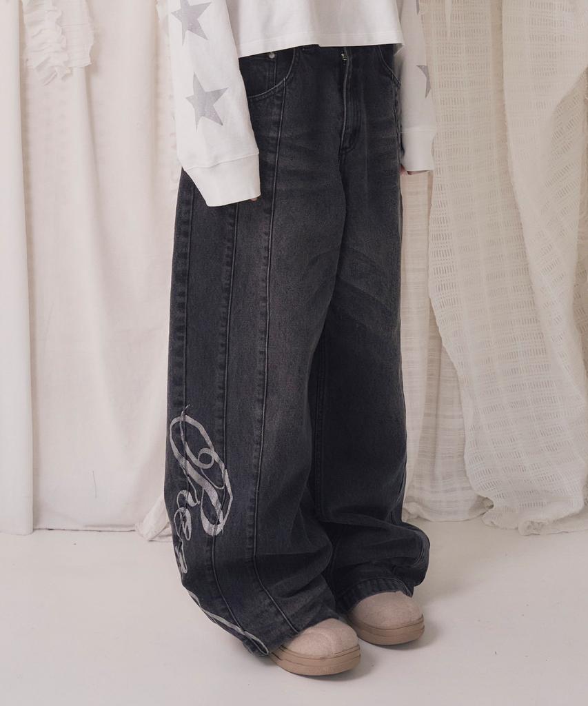 PRENDA Glitter Logo Vintage Washed Denim Pants Black