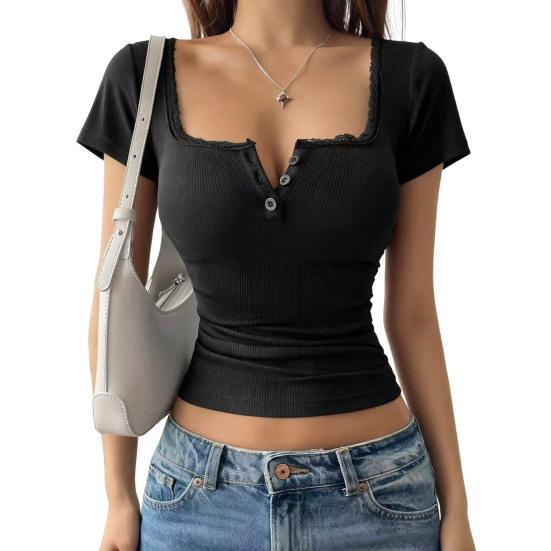 

Women Tops Slim Fit Square Neck Rib Knitted Shirt Pure Color Short Sleeve Lace Splicing Stretchy Tops with Buttons Detail Daily Wear S чёрный
