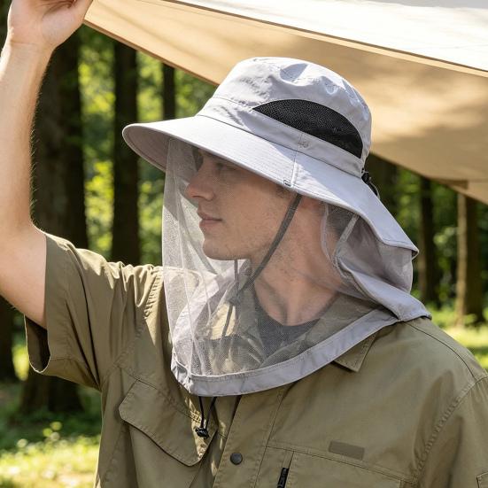 Outdoor Sun Hat with Mosquito Head Net Neck Flap Breathable Men Women Fishing Hiking Camping Climbing Face Netting Wide Brim Hat