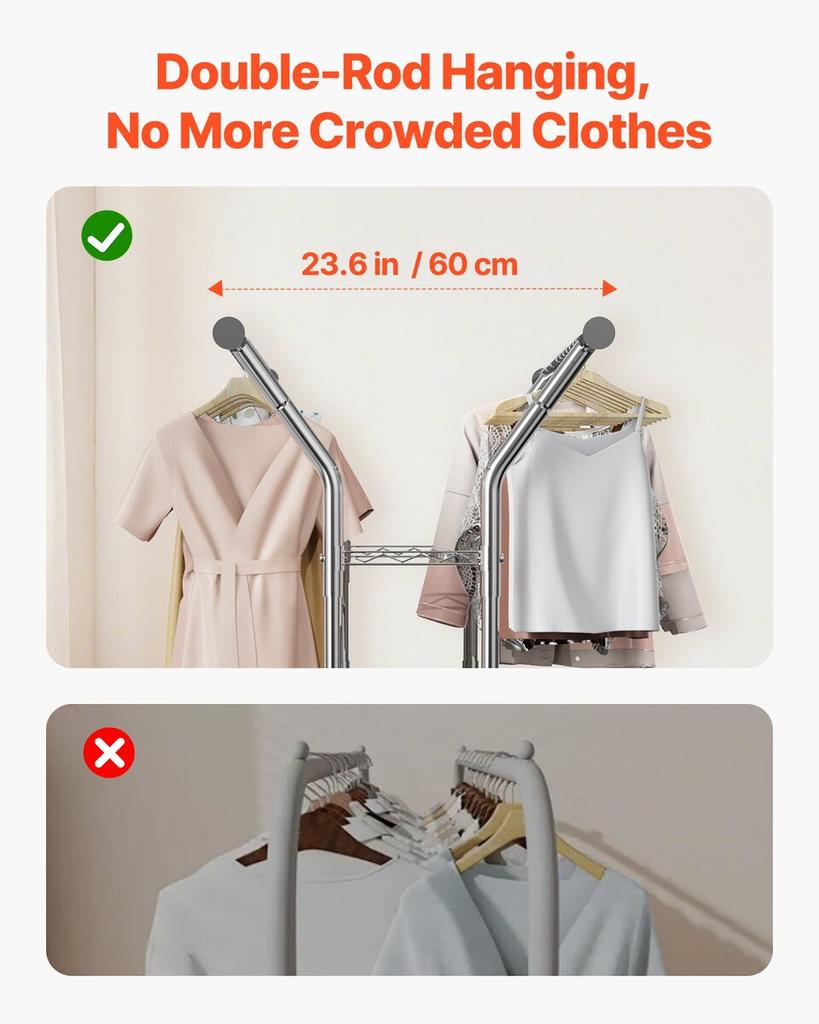 Clothes Rack, Rolling Clothing Garment Rack with 2 Hanging Rods and 2 Storage Shelves, 120 kg Load Capacity, Adjustable Height Carbon Steel Clothing