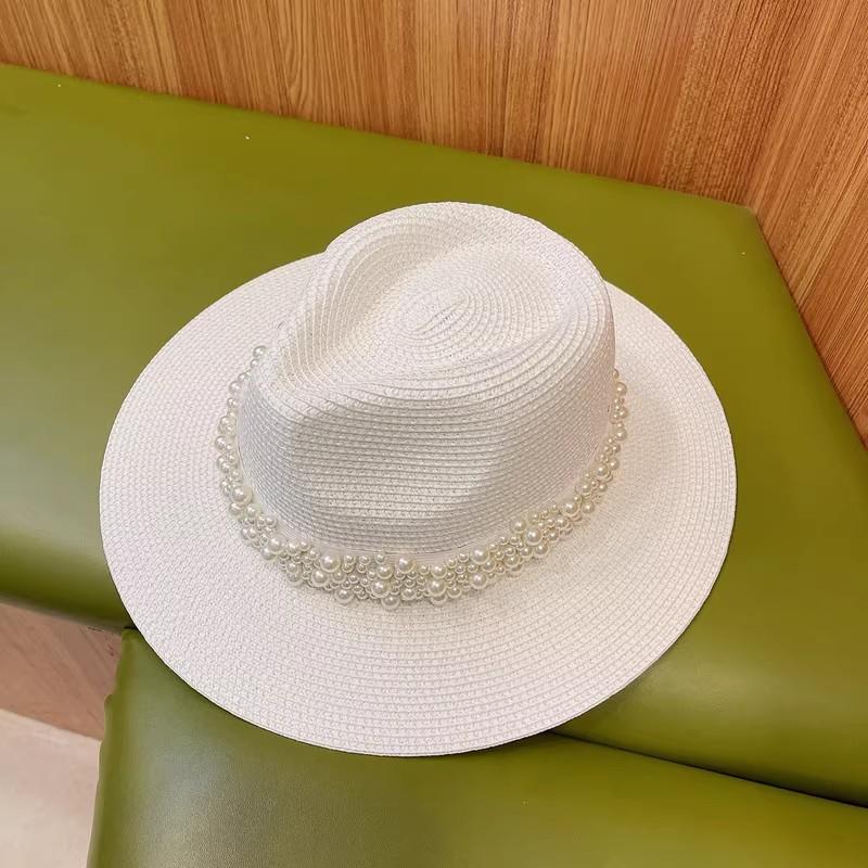 My Extreme Outdoor Activities Women's White 202510-Shi Ins Chic Summer Paper Grass Pearl Ribbon Lady Fedoras Hat Outdoor Leisure Holiday Panama Jazz Cap 57Cm