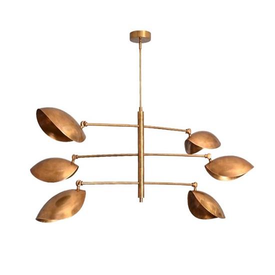 6 Light Curved Pendant Sputnik Chandelier | Mid Century Modern Raw Brass Ceiling Fixture