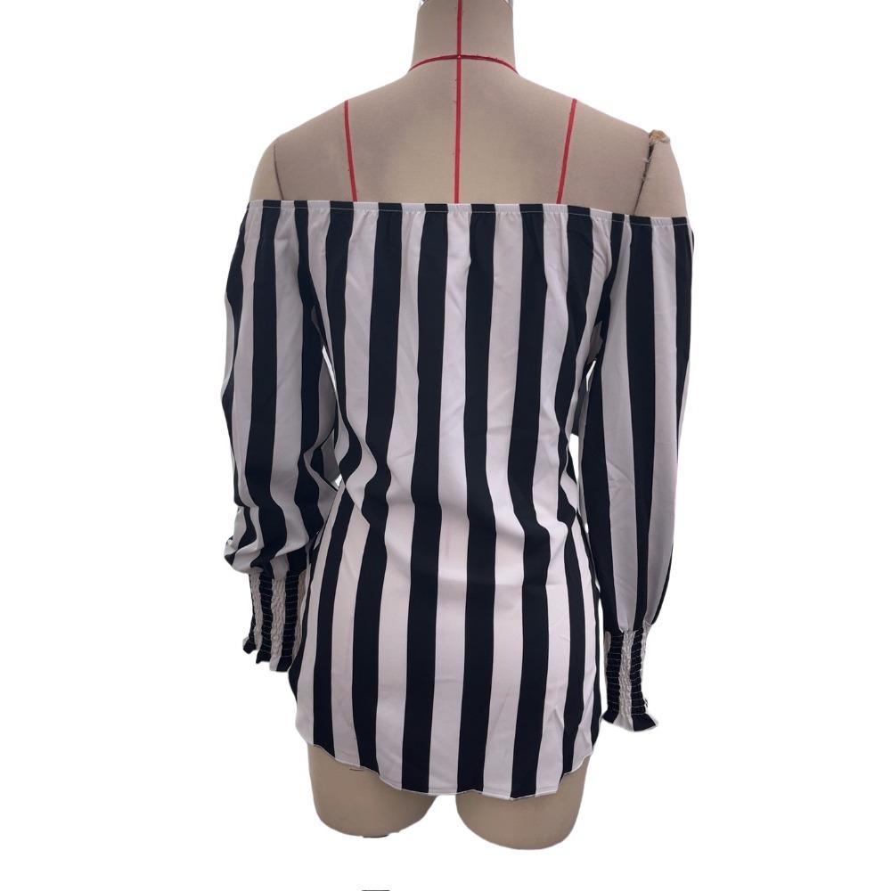 Women's Fashion Loose Strapless Lantern Sleeve Asymmetric Hem Striped Shirt