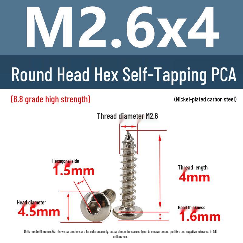8.8 Grade Round Head Hex Socket Self-Tapping Screws M2-M4 Carbon Steel Bolts