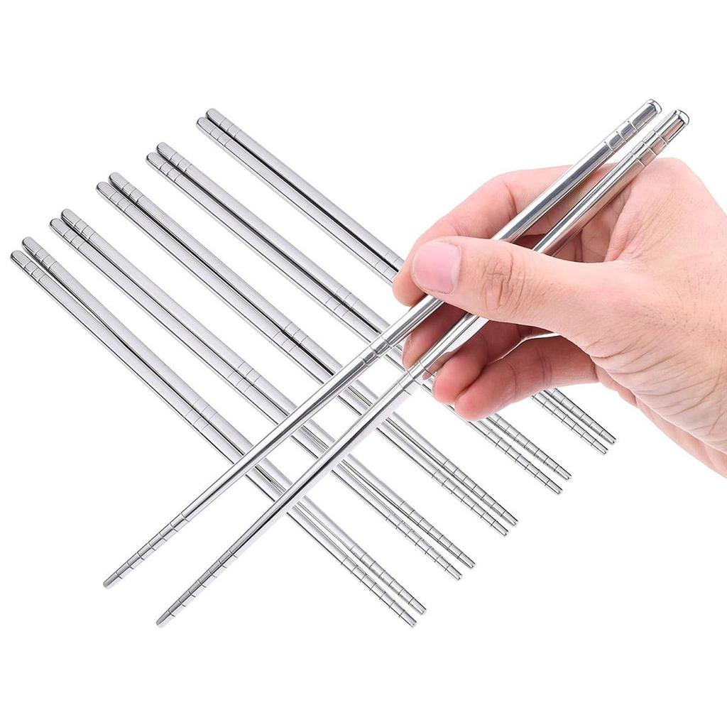 Set de Bețișoare din Oțel Inoxidabil, 5 Perechi, Reutilizabile, Ușoare, Metalice, Japoneze, Chinezești, Coreene, Anti-alunecare, Sigure pentru Mașina de Spălat Vase