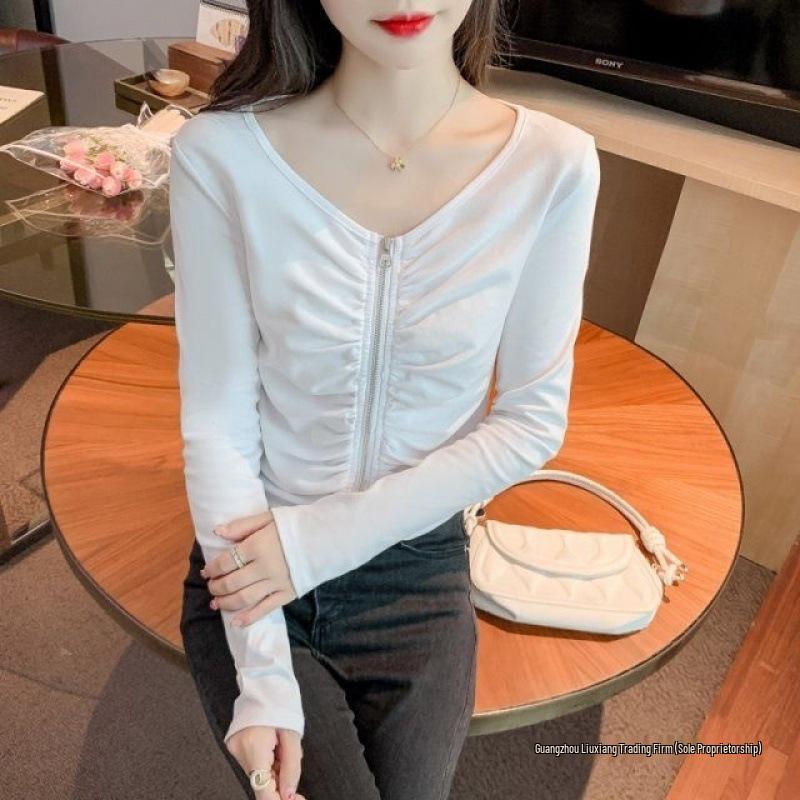 2025 Spring/Fall Fashion Women's Zipper Collar Pleated Long Sleeve Slim Fit Top