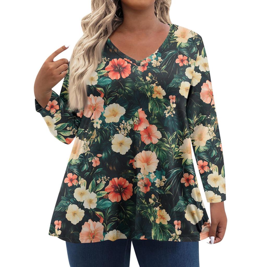 Women's Fashionable Casual Long Sleeved Plus Size Floral Print Top Plus Size Floral Print Top