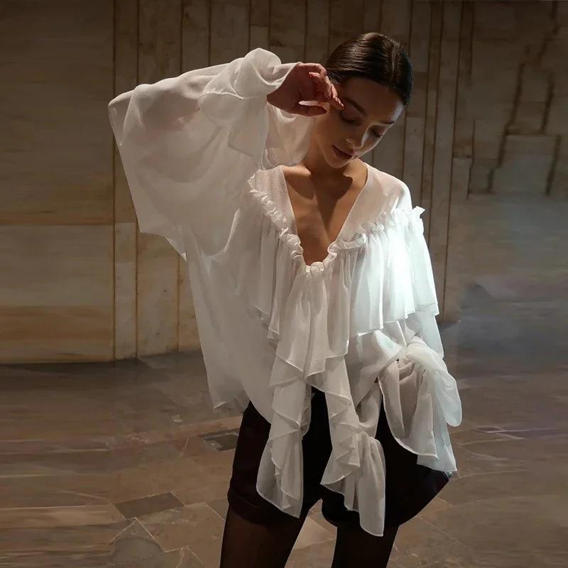 2026 New V-neck Chiffon Blouse Sexy Sheer Beach Cover-up Long Sleeve Sexy Hot Girl Top