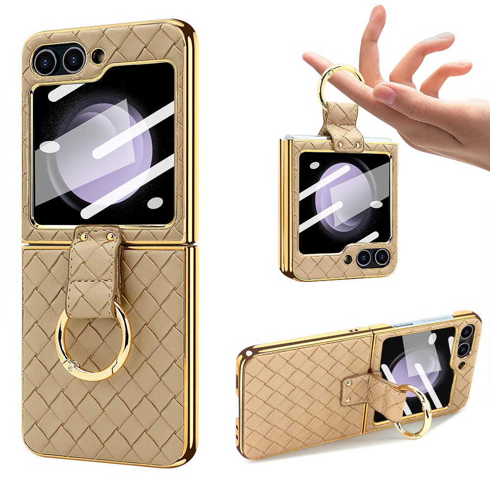 VIETAO Gold Electroplated Phone Case Cover With Finger Ring For Samsung Galaxy Z Flip 6 Flip 5 Flip 4 Flip 3 Back Screen Film