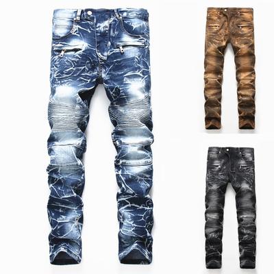 Männer Hosen Plus Größe Plissee Multi-tasche Motorrad Patchwork Jean Casual Männer Elastische Denim Hosen