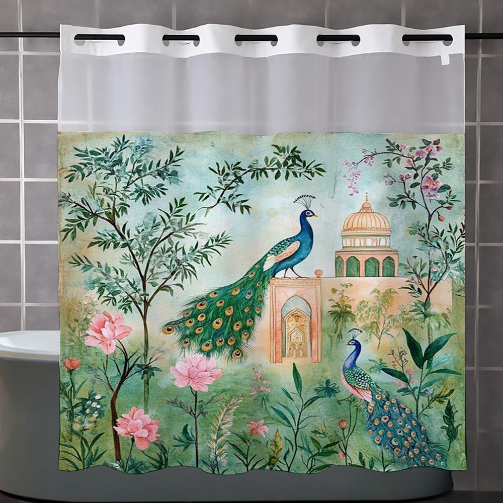 

No Hook peacecock pattern Shower Curtain With Snap-in Fabric Liner, Sheer Top Window, Waterproof Double Layer Bathtub curtain 180X188cm синий