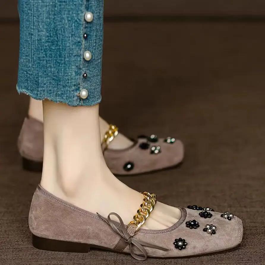 Rhinestone Women's Flat Mary Jane Shoes Square Toe Green Ladies Footwear Low Price 39 Summer 2025 High Quality Fashion Young Y2k