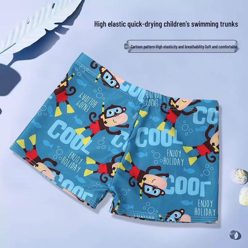 New Boys' Cartoon Swim Trunks - Comfortable Polyester for Hot Spring & Summer, Sizes Small & Medium
