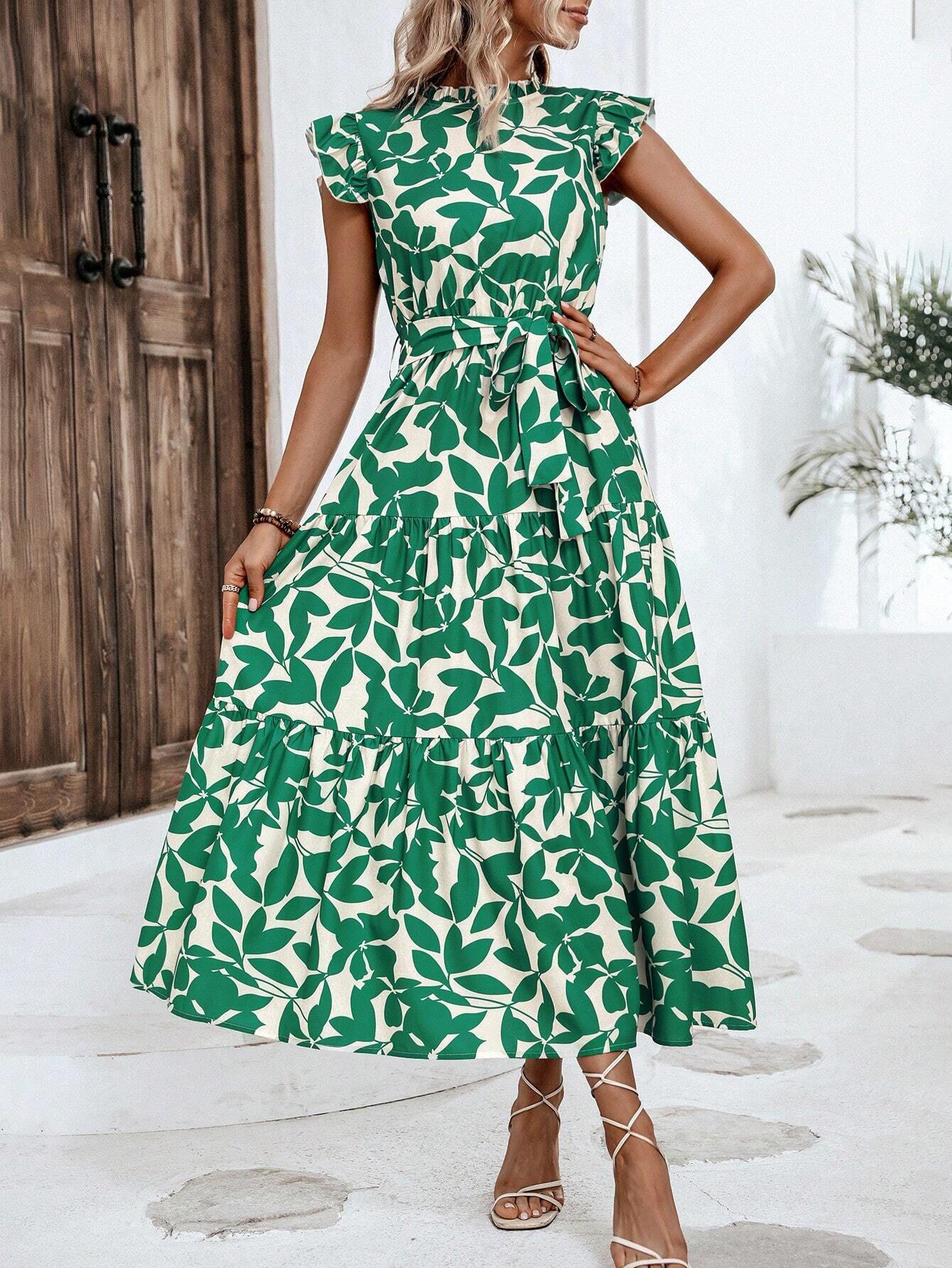 

Summer Fairy Dress with Ruffled and Flutter Sleeves, Lace-up Front, and Floral Print S зелений
