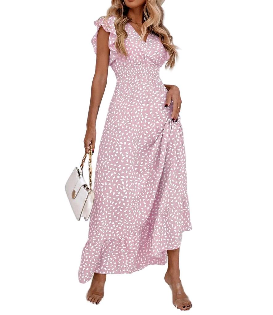 European & American Women's Fashion Spring/Summer 2025 V-Neck Waist-Hugging Long Dress Ruffle Elegant Style