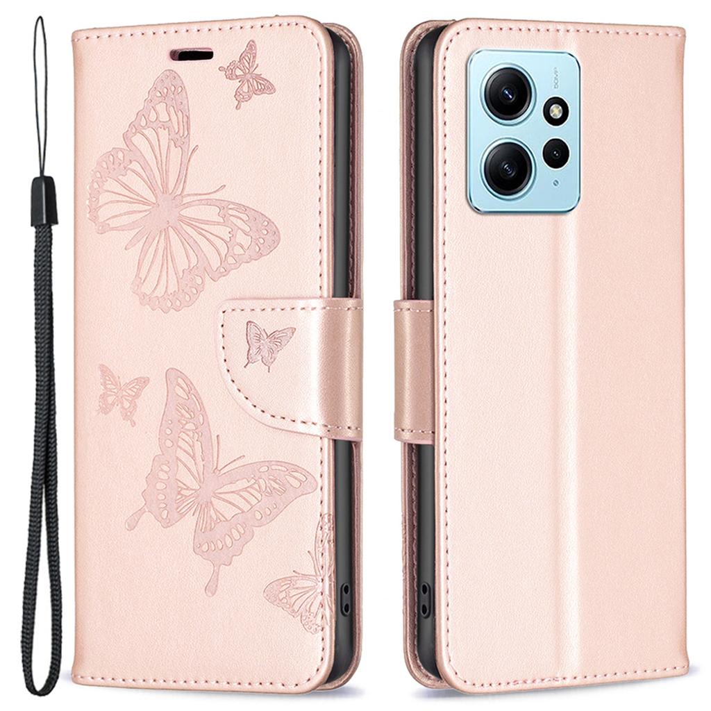 Wallet Stand Case for Xiaomi Redmi Note 12 4G Butterfly Imprinted Leather Phone Cover with Strap