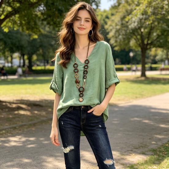 Women Shirt V-Neck Short Sleeve Loose Fit Tee Shirt Pure Color Summer Casual Blouse