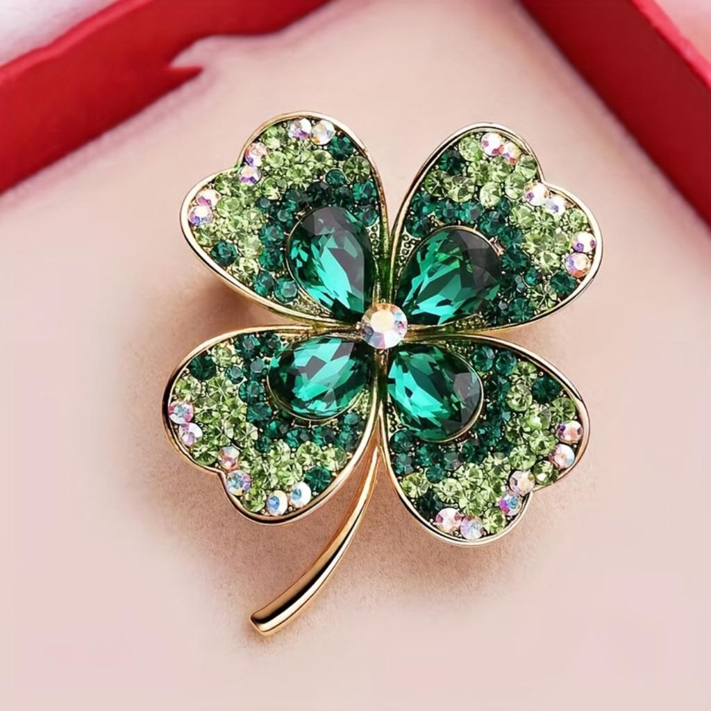 Green Rhinestone Shiny Four Leaf Clover Brooch Pin, Versatile Accessory For Cardigan Coat Hat Perfect Fashion Gift For Women