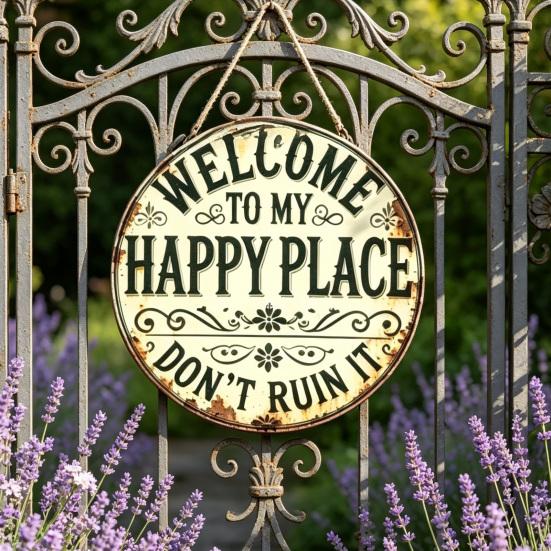Welcome To My Happy Place Metal Wall Sign Vintage Rustic Round Hanging Door Plaque for Indoor Outdoor Home Office Cafe Yard Decor