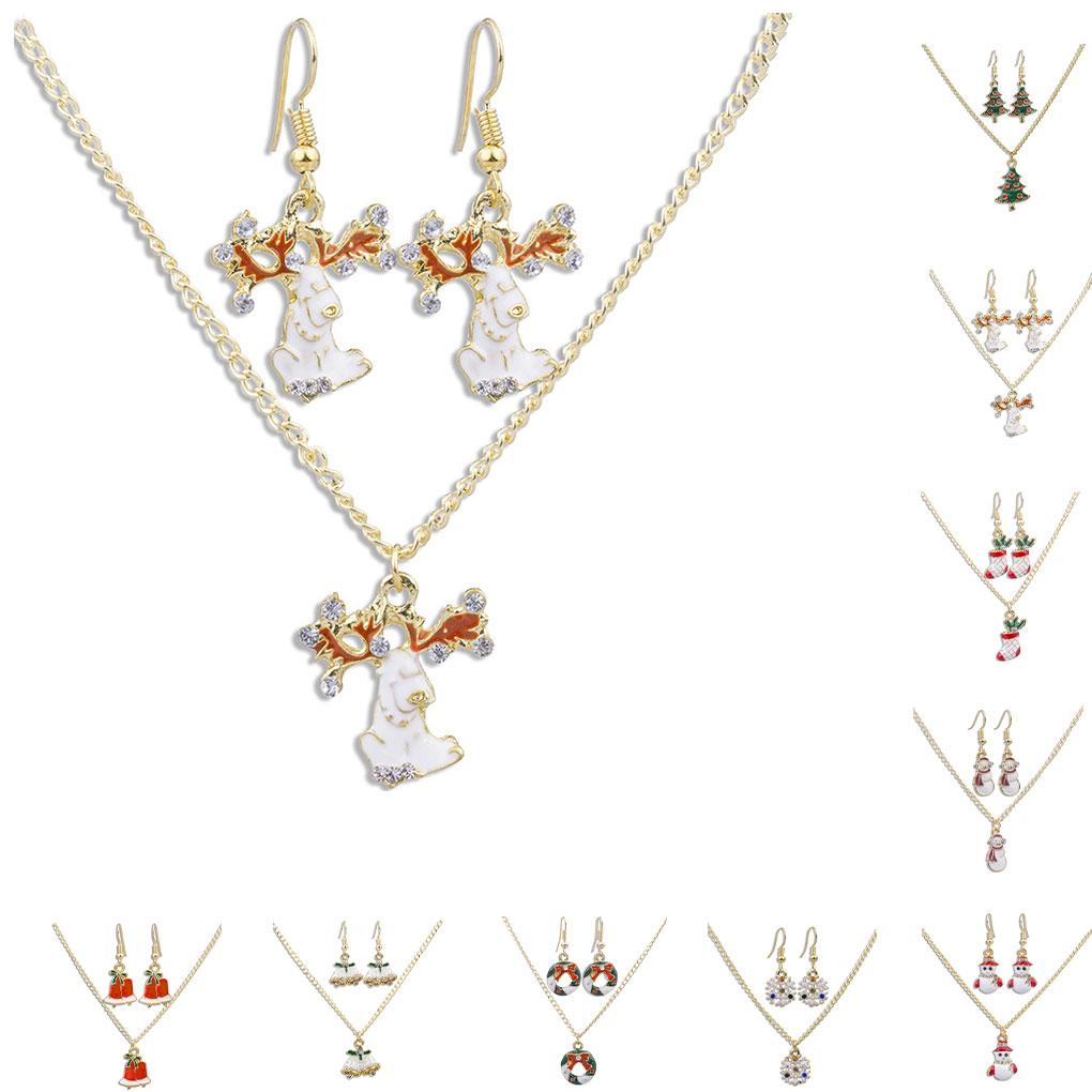 Women Girl Christmas Necklace Earring Set Alloy Plating Neck Chains Dangle Ear Loop Jewelry Gifts